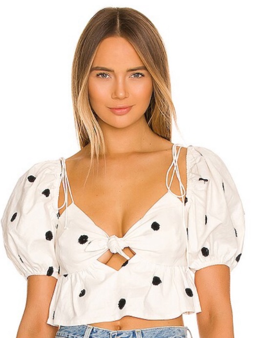 Nwt For Love And Lemons Ivory Polka Dot Tie-Front Puff Sleeve Top